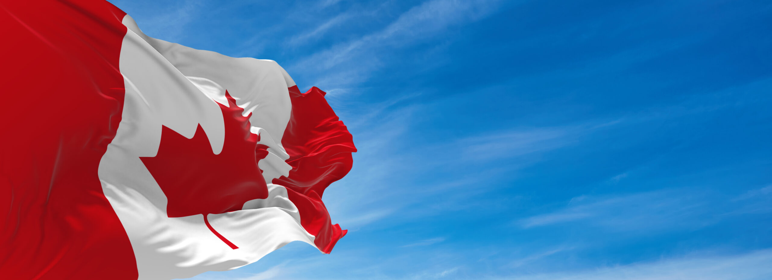 Large,Flag,Of,Canada,Waving,In,The,Wind,Against,The